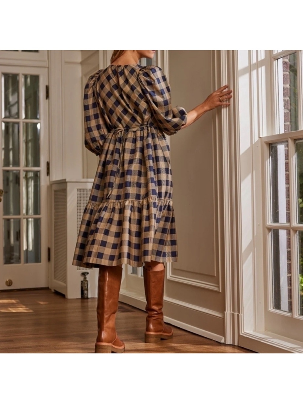 Summersalt Buffalo Plaid Tiered Midi Dress in Navy and Tan 100% Cotton Size Med - Picture 2 of 12